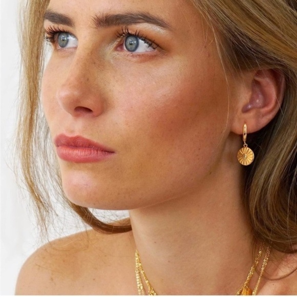 GOLD 14k Gold Plated Disc Cubic Zirconia Huggie Hoop Earrings - Picture 2 of 3